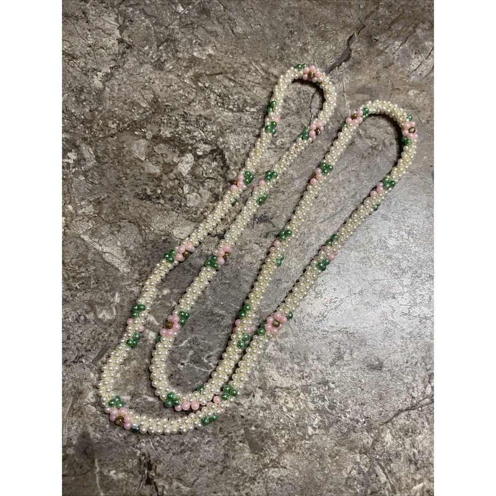Vintage Beaded Rope Tassle Necklace Faux Pearl White Floral Beads Long